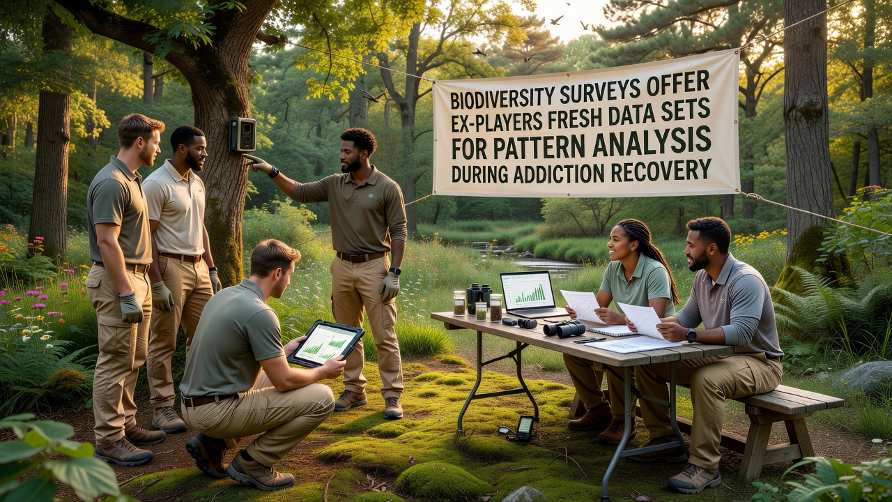 Gruppe ehemaliger Spieler bei der Auswertung von Biodiversitätsdaten auf Laptops in einem Gemeinschaftsraum, mit Fokus auf Tabellen und Grafiken