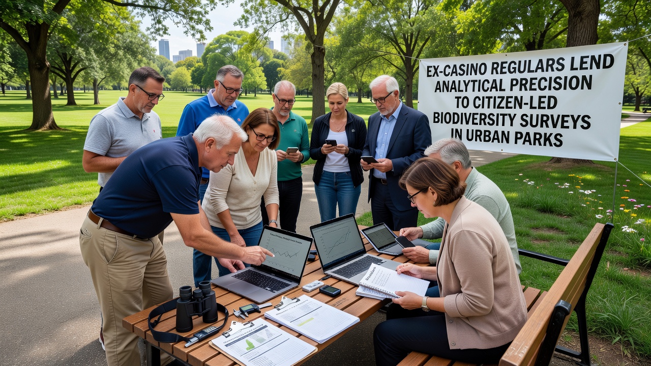 Gruppe ehemaliger Casino-Besucher dokumentiert Pflanzenarten und Insekten in einem städtischen Park mit Notizbüchern und Tablets