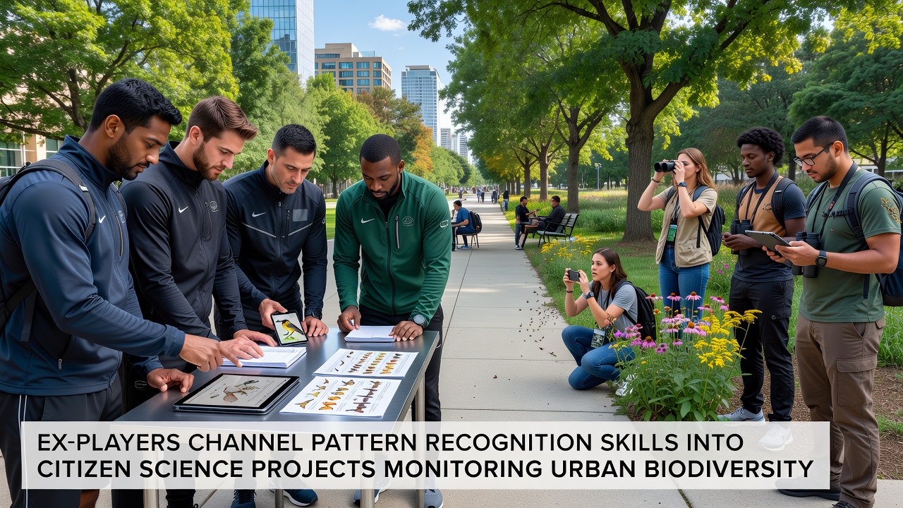 Gruppe ehemaliger Spieler kartiert Insekten und Pflanzen in einem urbanen Biotop mit Tablets und Notizbüchern
