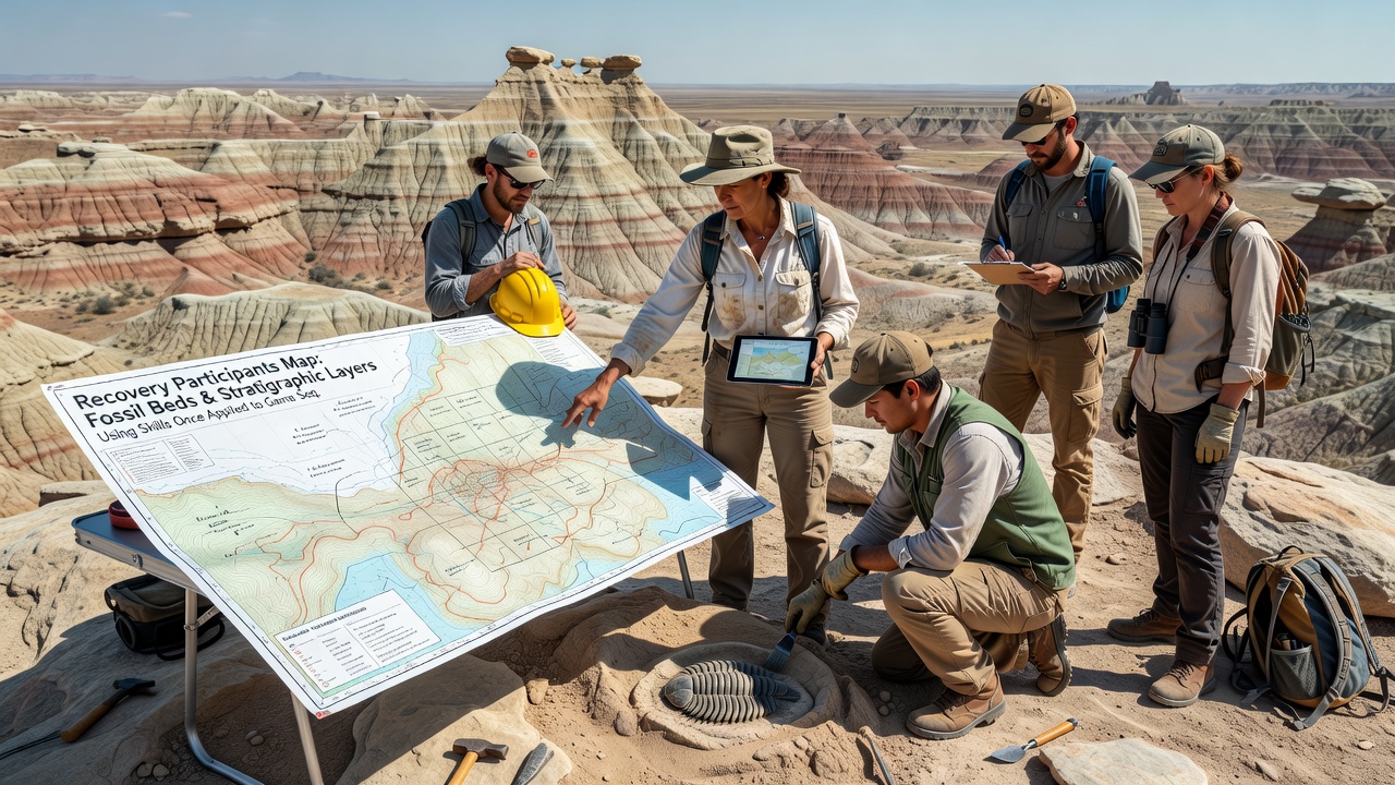 Detailaufnahme einer stratigrafischen Schicht mit markierten Fossilienfunden und Messlatte während einer Felderkundung