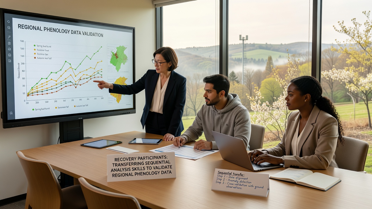 Gruppe von Erholungsteilnehmern bei der Datenerfassung und Analyse von Blühzyklen in einem Kollektiv