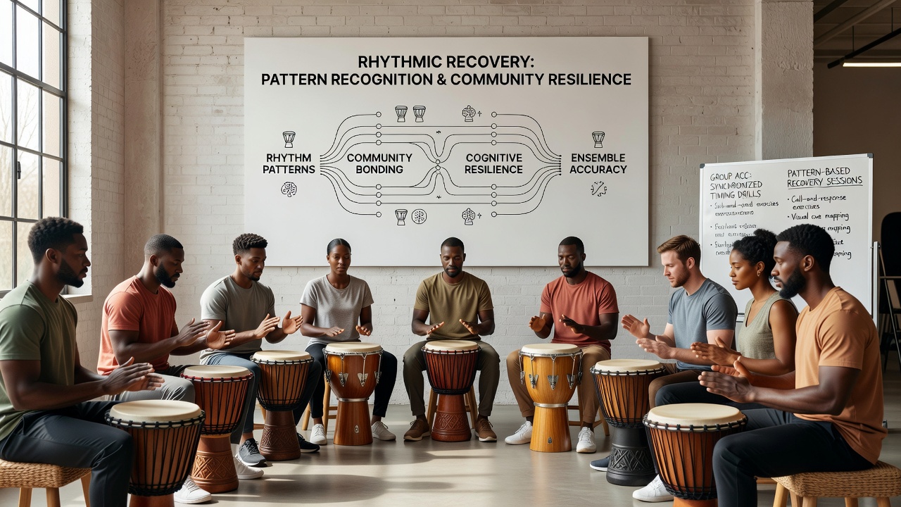 Teilnehmende eines Trommelworkshops analysieren gemeinsam rhythmische Sequenzen auf Notizblöcken während einer Gruppensitzung