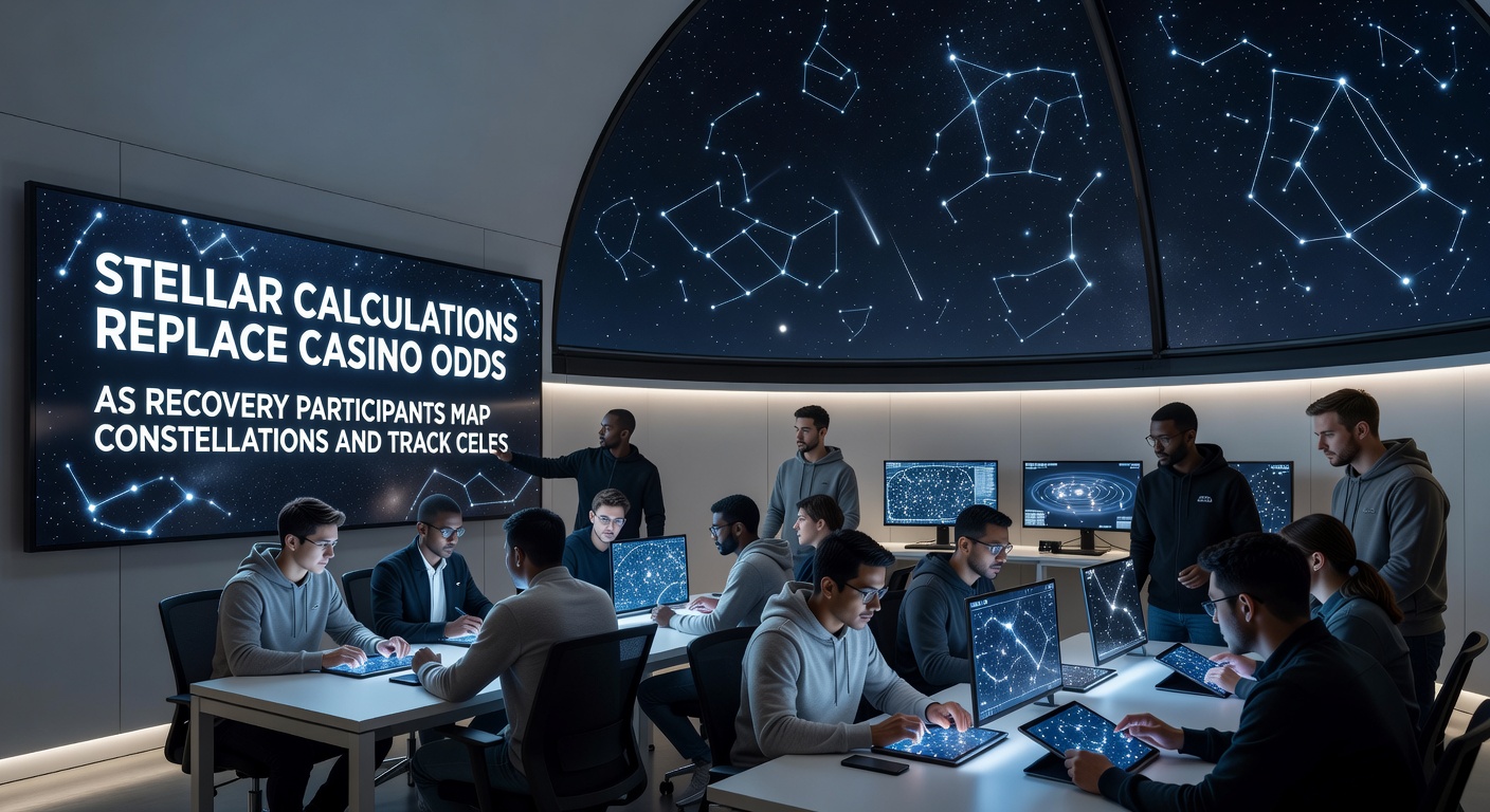 Teilnehmer bei der Verfolgung eines Himmelsereignisses mit Teleskopen in einem Gruppenobservatorium