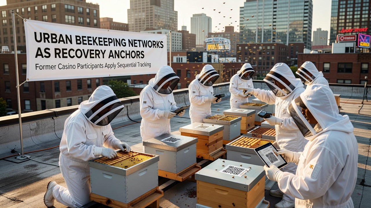 Teilnehmer dokumentieren Bienendaten und arbeiten an der Pflege von Bienenstöcken in einem urbanen Umfeld